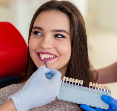 Woman's smile compared with veneers color chart