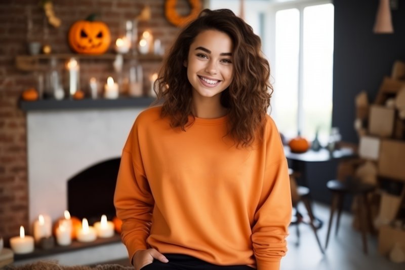 a woman smiling with straight teeth during Halloween